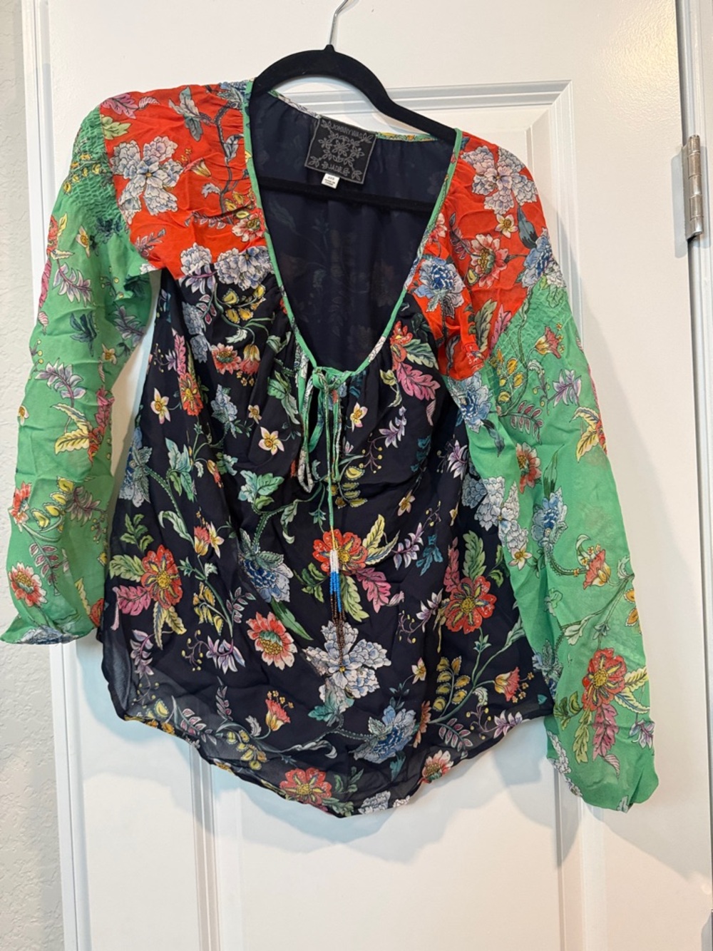 Johnny Was Floral Tie-Front Blouse in Black, Green & Red